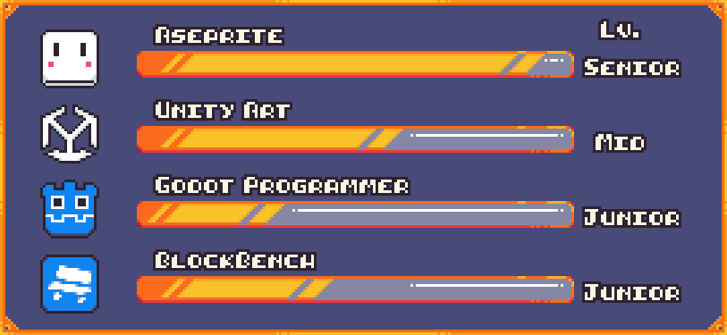 Aseprite level senior, Unity art level mid, Godot Programmer level junior, Blockbench level junior